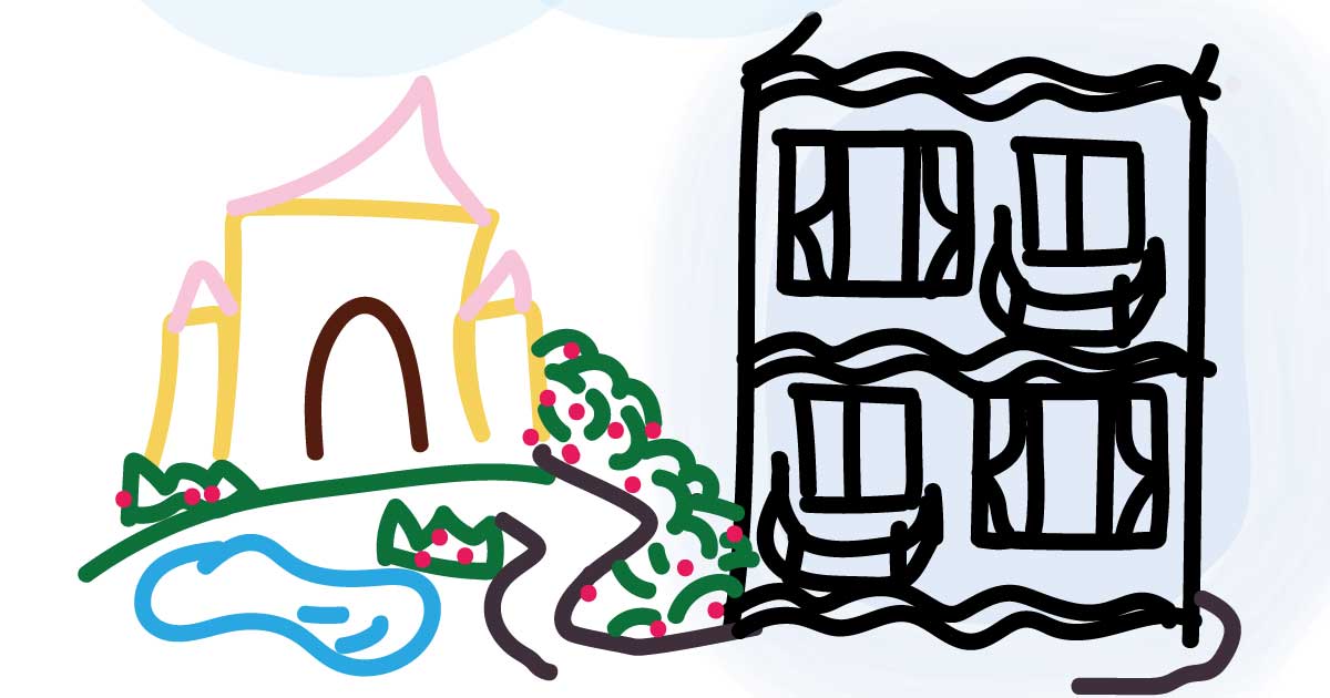 お城と水色のホテルイラスト