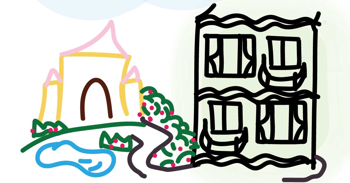 お城と薄緑のホテルイラスト