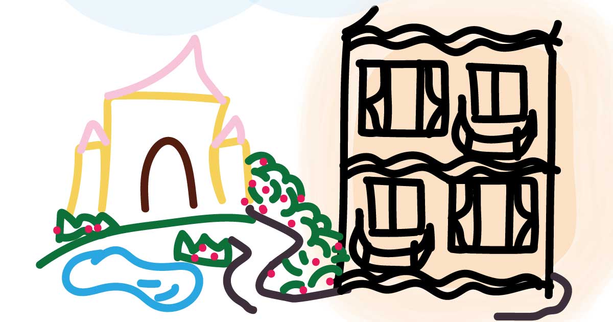 お城とオレンジのホテルイラスト