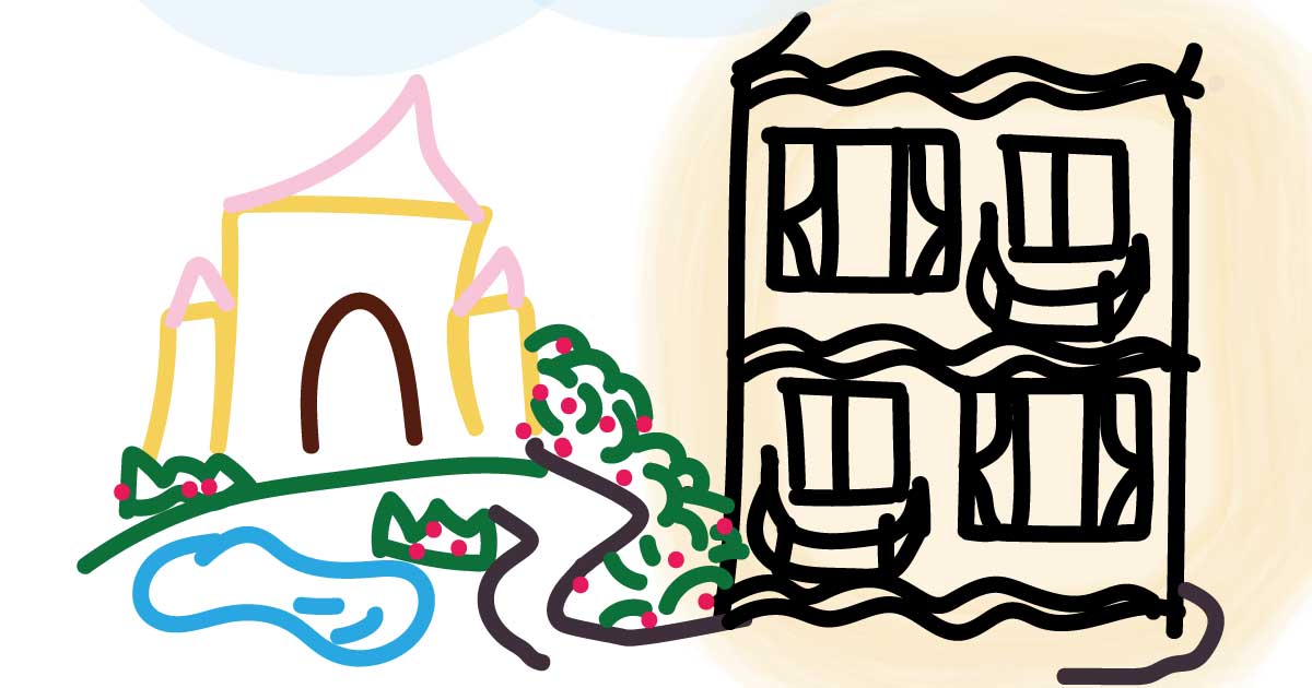 お城とベージュのホテルイラスト