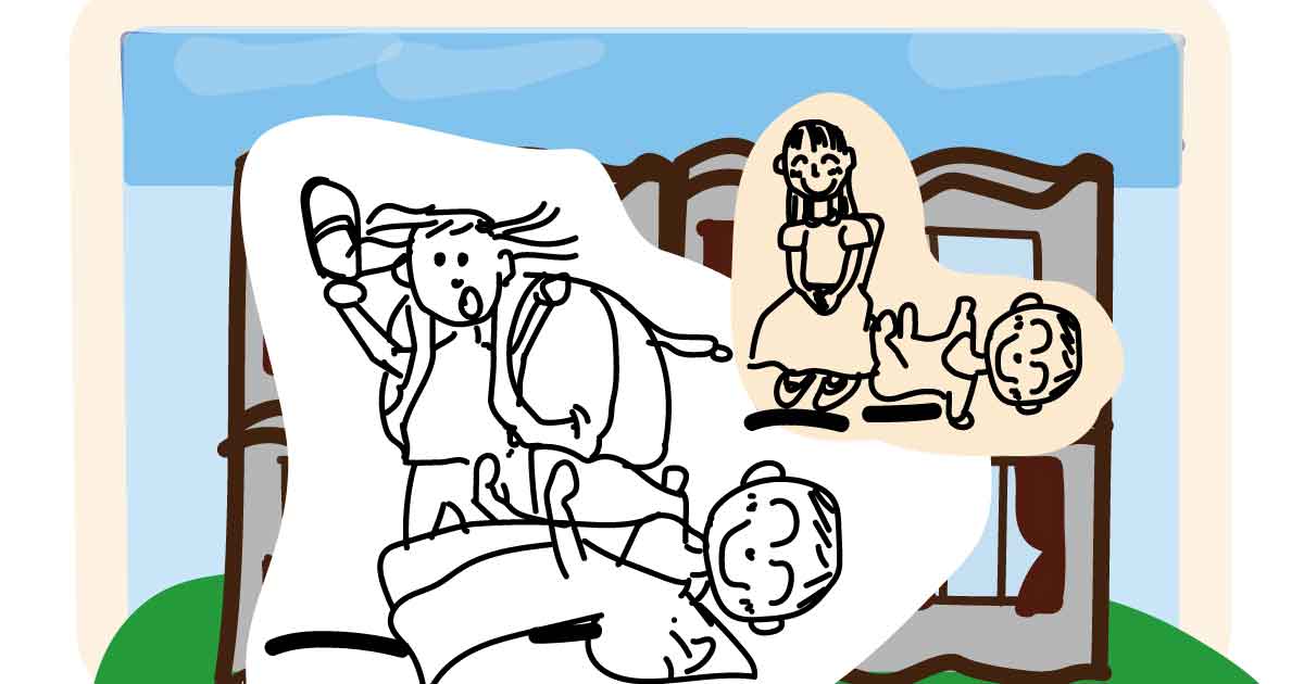 ママ大変イメージとママ・赤ちゃんがくつろぐホテルのイメージイラスト