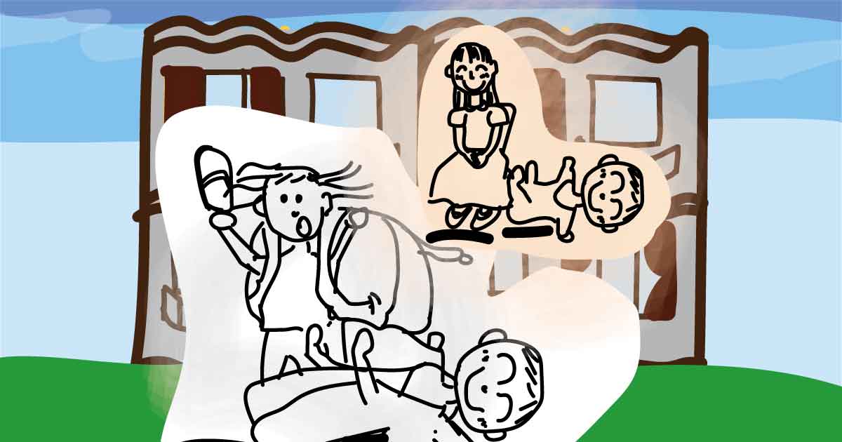 ママ大変イメージとママ・赤ちゃんがくつろぐホテルのイメージイラスト