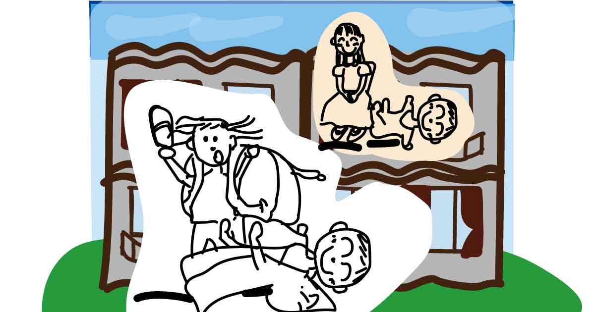 ママ大変イメージとママ・赤ちゃんがくつろぐホテルのイメージイラスト